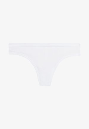 White cotton thong with a smooth texture, minimalistic design, and thin waistband, featuring no visible patterns or embellishments.