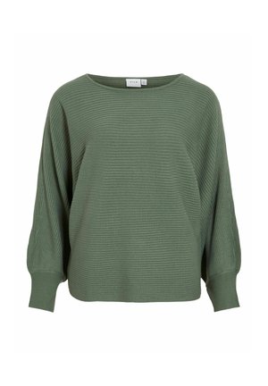 Green, ribbed knit sweater with a wide, boat neckline and loose-fitting, cropped design. Features long, dropped sleeves and a soft texture.
