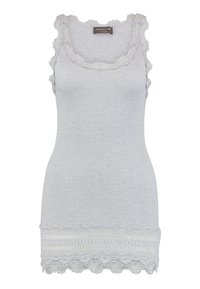 Szary prążkowany tank top z koronkową lamówką przy dekolcie i krawędzi. Posiada faliste brzegi i miękką teksturę.