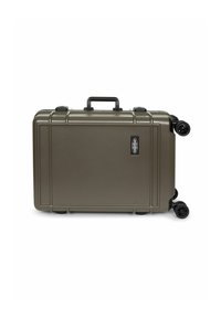 Hard-sided suitcase in olive green, featuring a textured surface, recessed handle, and four black wheels for mobility.