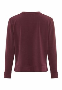 Sweat-shirt bordeaux à manches longues, col rond, poignets et ourlet côtelés. Tissu doux avec une texture lisse, sans motifs visibles.