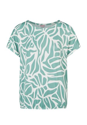 Kurzärmeliges, locker sitzendes Oberteil mit grün-weißem, abstraktem Blumenmuster und rundem Ausschnitt.
