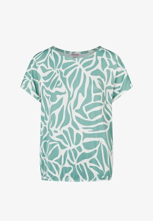 Kurzärmeliges, locker sitzendes Oberteil mit grün-weißem, abstraktem Blumenmuster und rundem Ausschnitt.