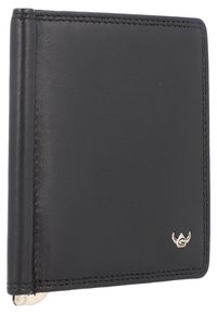 Cartera de cuero negra con una textura suave, que presenta un acento del logo plateado y costuras ajustadas en los bordes. Diseño plegado para mayor compacidad.