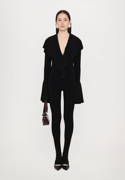 Norma Kamali LONG SLEEVE DEEP RUFFLE CATSUIT FOOTIE - Mono - black