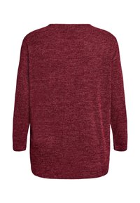 Sweter z długim rękawem w bogatym burgundowym kolorze z teksturowanym wzorem dzianiny, z okrągłym dekoltem i zaokrąglonym tyłem.