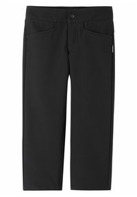 Schwarze gerade Beinform-Hosen mit Fronttaschen, Knopfverschluss und einem kleinen seitlichen Stoffetikett.