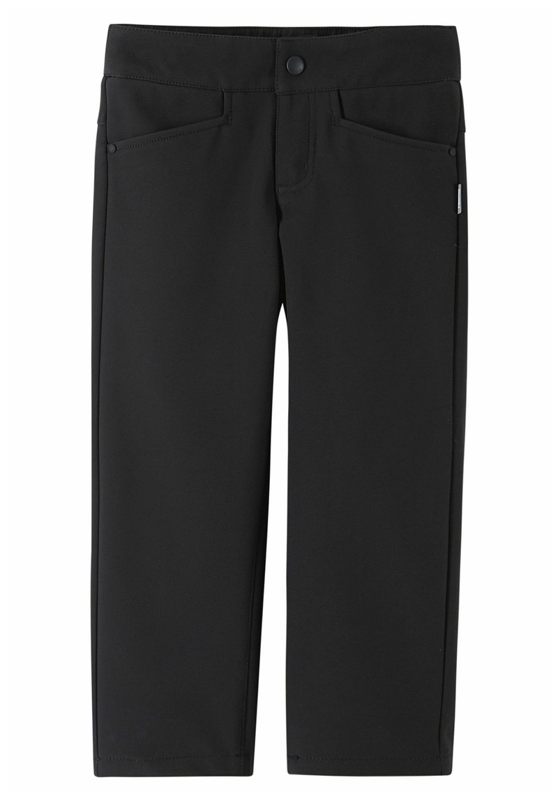 Schwarze gerade Beinform-Hosen mit Fronttaschen, Knopfverschluss und einem kleinen seitlichen Stoffetikett.