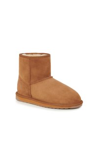 Stivale alla caviglia in suede marrone con un rivestimento morbido e peloso e punta arrotondata. Presenta cuciture tonali e una suola piatta in gomma.