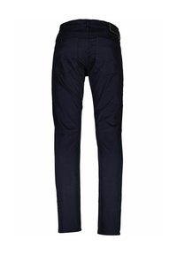 Jeans in denim blu scuro con taglio dritto. Caratteristiche includono una vita, passanti per cintura e due tasche posteriori con un design cucito.