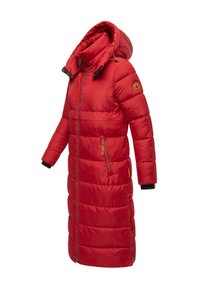 Red padded long coat with a hood, features zippered pockets, elastic cuffs, and an orange accent zipper, crafted from a smooth, synthetic material.