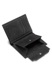 Black leather wallet with multiple card slots, snap closure, smooth texture, and stitched edges, featuring two separate compartments inside.