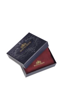 WITTCHEN-Box, dunkelblau mit goldenem Logo und filigranem silbernen Design; maroonfarbener Stoff im Inneren. Rechteckige Form mit einem Deckel.