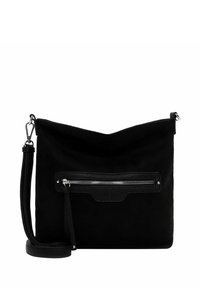 Black suede crossbody bag with front zip pocket, leather trim, and adjustable strap with metal clasps.