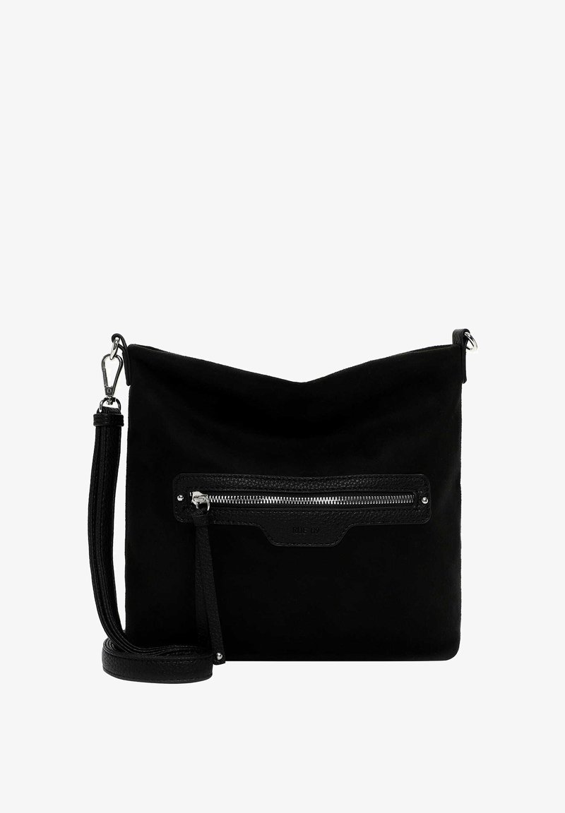 Black suede crossbody bag with front zip pocket, leather trim, and adjustable strap with metal clasps.