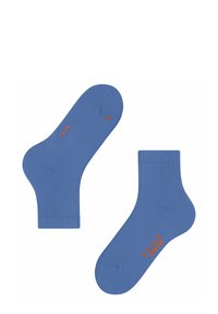 Chaussettes en coton bleu avec un poignet côtelé. Elles présentent un design uni et un petit logo orange sur le côté, étiqueté "R" sur la chaussette droite.