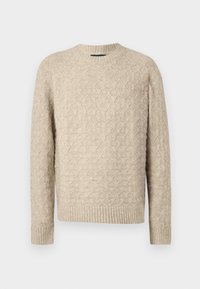 Beige pletený svetr s texturovaným diamantovým vzorem, kulatým výstřihem a žebrovanými manžetami a spodním lemem. Vyroben z měkkého a teplého materiálu.