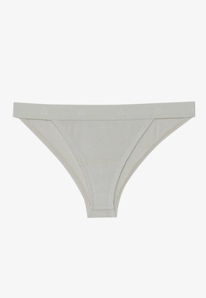 Lys grå truse laget av ribbet stoff, med en myk midjebånd med subtile blomsterdetaljer. Minimalistisk design med sømløse kanter.
