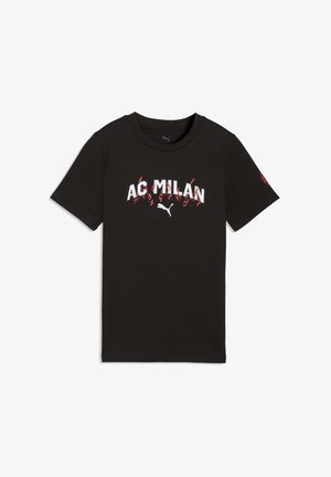 Sort bomuld T-shirt med hvid og rød "AC MILAN"-logo med stiliserede flammer. Korte ærmer og rund hals.