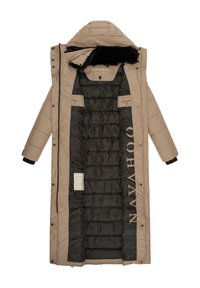 Beige lange pufferjas met een zwarte binnenkant. Beschikt over een bontgevoerd capuchon, drukknoopsluiting en een logo dat binnenin is gedrukt.