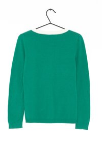 Zielony sweter z długim rękawem i białym okrągłym dekoltem, wykonany z gładkiej dzianiny; posiada ribbowane mankiety i dół.