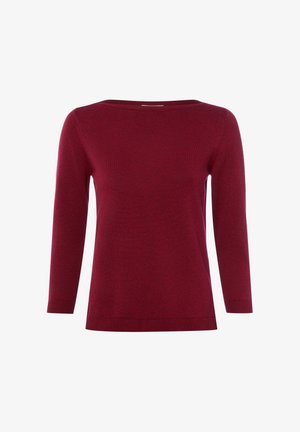 Bordowy, długi sweter z dzianiny z okrągłym dekoltem oraz ściągaczami na rękawach i dole, prezentowany na białym tle.