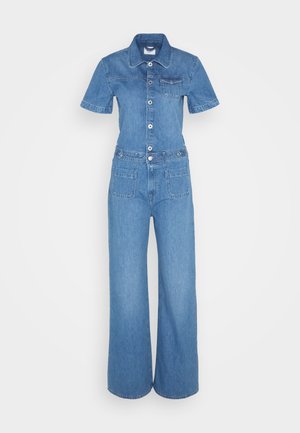 Denim jumpsuit med korte ermer, krage, frontknapper, sidelommer og brystlommer, samt vide ben i lys blå.