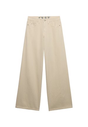 Beige vidbenede jeans med fem lommer, bæltestropper og knaplukning, vist mod en hvid baggrund.