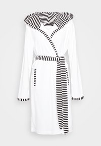 White hooded bathrobe with black and white striped accents on the hood, cuffs, and belt. Features long sleeves and a waist tie.