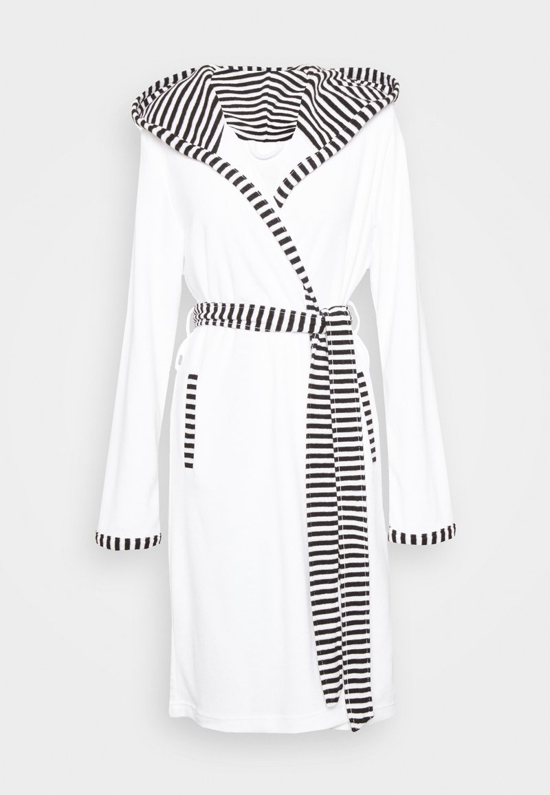 White hooded bathrobe with black and white striped accents on the hood, cuffs, and belt. Features long sleeves and a waist tie.