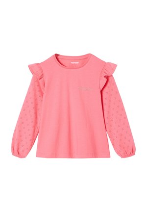 Pink long-sleeve girl's shirt with ruffled shoulder details, eyelet patterned sleeves, and "Charlotte" embroidered on the chest.