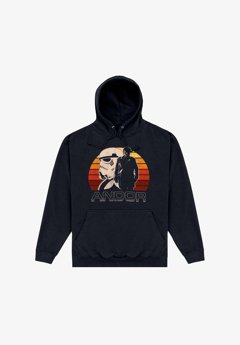 Sudadera con capucha negra que presenta un gráfico con un stormtrooper estilizado y una figura frente a un fondo de atardecer retro en tonos naranja y amarillo, etiquetado como "ANDOR".