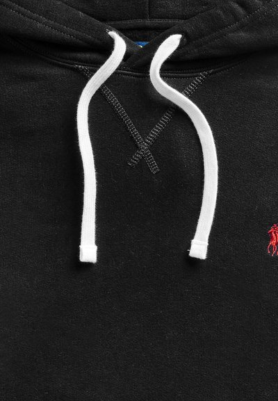 Black hoodie with white drawstrings and visible red embroidered logo on the right chest area.