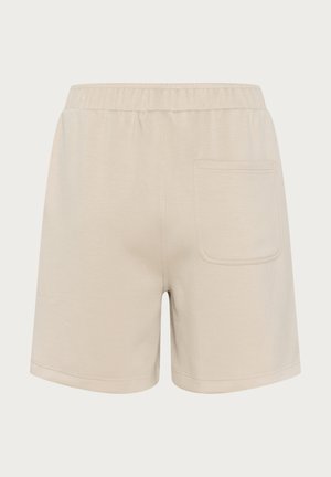 Shorts en coton beige avec une taille élastique. Comprend une poche arrière unique, une coupe décontractée et une texture lisse.