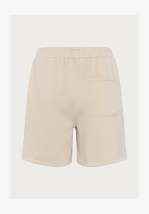 Beige cotton shorts with an elastic waistband. Features a single back pocket, a relaxed fit, and a smooth texture.