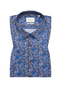 Korte mouw shirt met een tropisch bladdessin in blauw, geel en crème op een donkere achtergrond. Gemaakt van lichte stof met een knoopsluiting kraag.