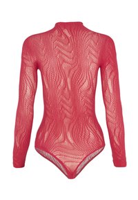 Body rosso a maniche lunghe realizzato in tessuto trasparente texturizzato con un motivo a onde. Collo alto e design aderente, presenta un taglio a perizoma sul retro.