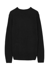 Schwarzer Strickpullover mit strukturiertem Muster, rundem Halsausschnitt, langen Ärmeln sowie gerippten Bündchen und Saum, der eine lockere Passform bietet.