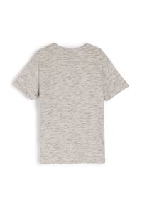 Jasnoszara koszulka z teksturowanym wzorem, krótki rękaw i okrągły dekolt. Materiał wydaje się miękki i lekko melanżowy.