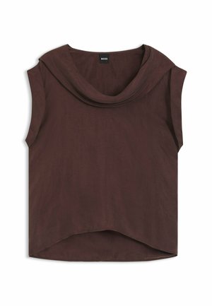 Ærmeløs, mørkebrun top med bred sjalskrave og asymmetrisk kant, lavet af blødt stof, mærket BOSS.