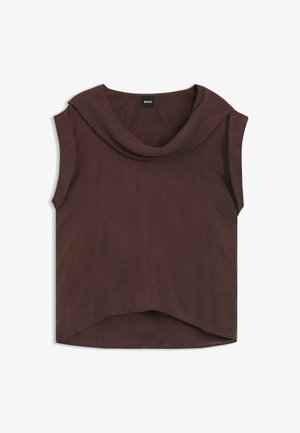 Ærmeløs, mørkebrun top med bred sjalskrave og asymmetrisk kant, lavet af blødt stof, mærket BOSS.