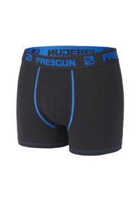 Boxers noirs en tissu doux, avec une ceinture élastique bleue ornée du logo "FREEGUN" et des détails de couture bleue.