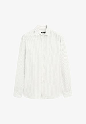 Camicia a maniche lunghe di colore grigio chiaro con sottili righe verticali. Collo alla francese, chiusura frontale con bottoni e polsini con un bottone. Tessuto testurizzato.