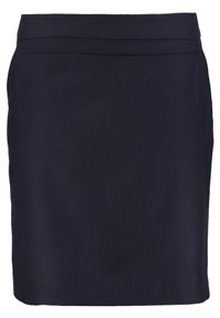 Marinblå figursydd kjol tillverkad av texturerat tyg, med en platt midja utan fickor. Enkel design som passar för olika tillfällen.