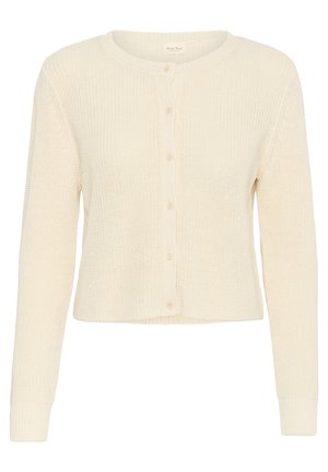 Cardigan court de couleur crème fabriqué en tissu tricoté texturé, avec un col rond et six boutons sur le devant. Manches longues incluses.