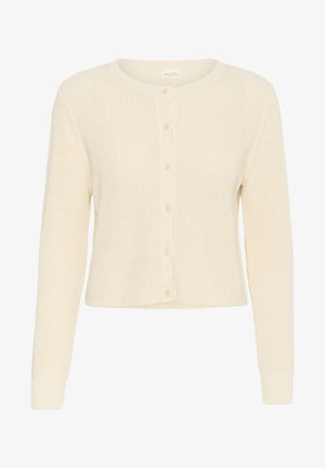 Korte roomkleurige cardigan gemaakt van textuurgebreid stof, met een ronde halslijn en zes knopen aan de voorkant. Inclusief lange mouwen.