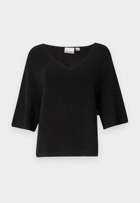 Haut court noir en tricot côtelé à manches courtes avec col en V et coupe décontractée, présenté sur un fond blanc.