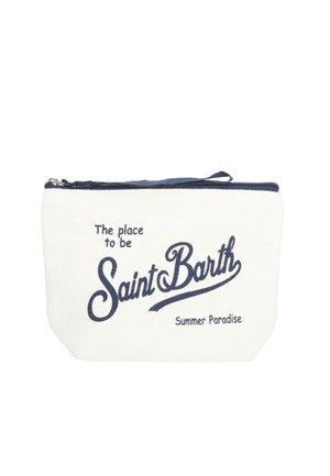 Busta bianca con zip con testo blu navy "The place to be Saint Barth Summer Paradise" sul davanti e una piccola maniglia in alto.