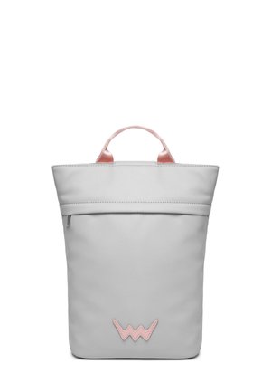 Gray leather backpack with pink handles, zip closure, and a notable pink logo at the front. Structured shape with a smooth texture.