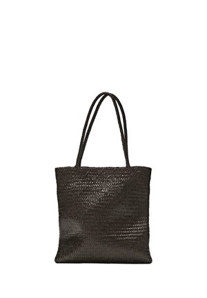 Black woven tote bag with two long braided handles and a rectangular shape.